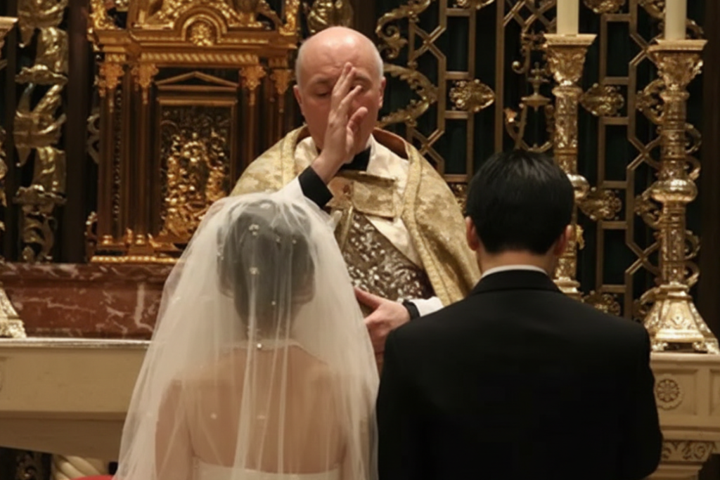 Zdjęcie ze ślubu. Kapłan błogosławi klęczącej przed nim parze młodej. Ilustracja do artykułu o małżeństwie.